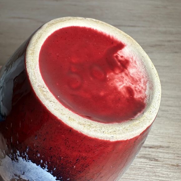 Studio Art Pottery Vase Two Handles Red Navy White Drip Glaze Splatter Squiggly - Picture 12 of 14